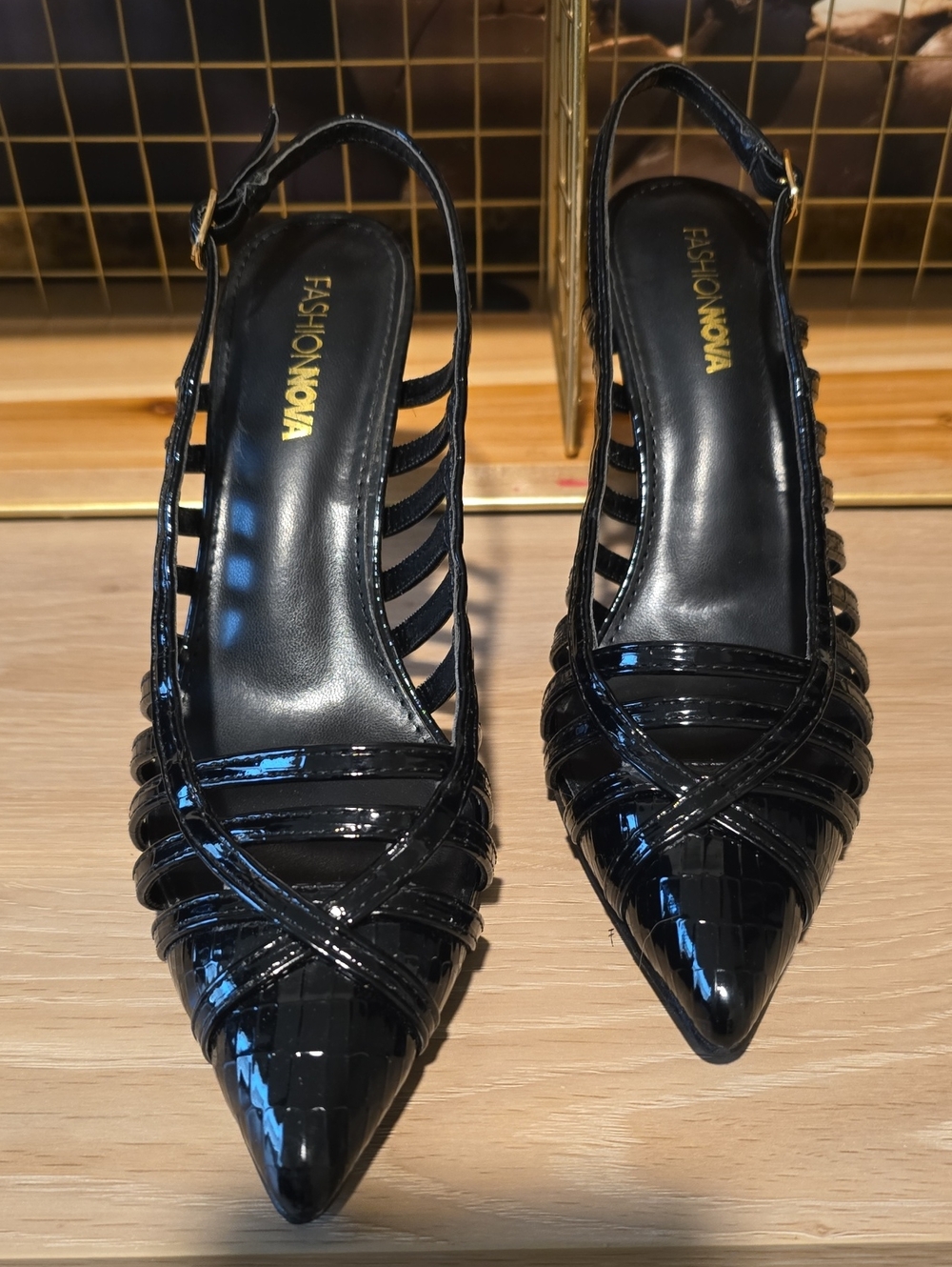 Fashion Nova Black Patent Strappy Pointed Slingback Heels
